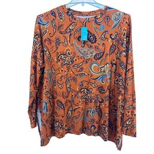 NWT Maurices 24/7 Long Sleeve Paisley Print Orange Blue Top Women's Large
